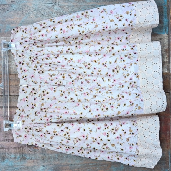 Blue Asphalt Pink Floral Print Skirt Beige Eyelet Lace Hem - Women's Large - Picture 4 of 7
